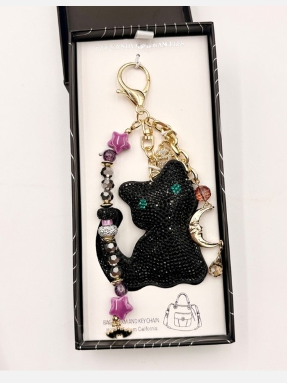 🐈⬛▪️Eye Candy ▪️Los Angeles Black Rhinestone Cat Bag Charm Keychain Moon Star - Picture 5 of 5